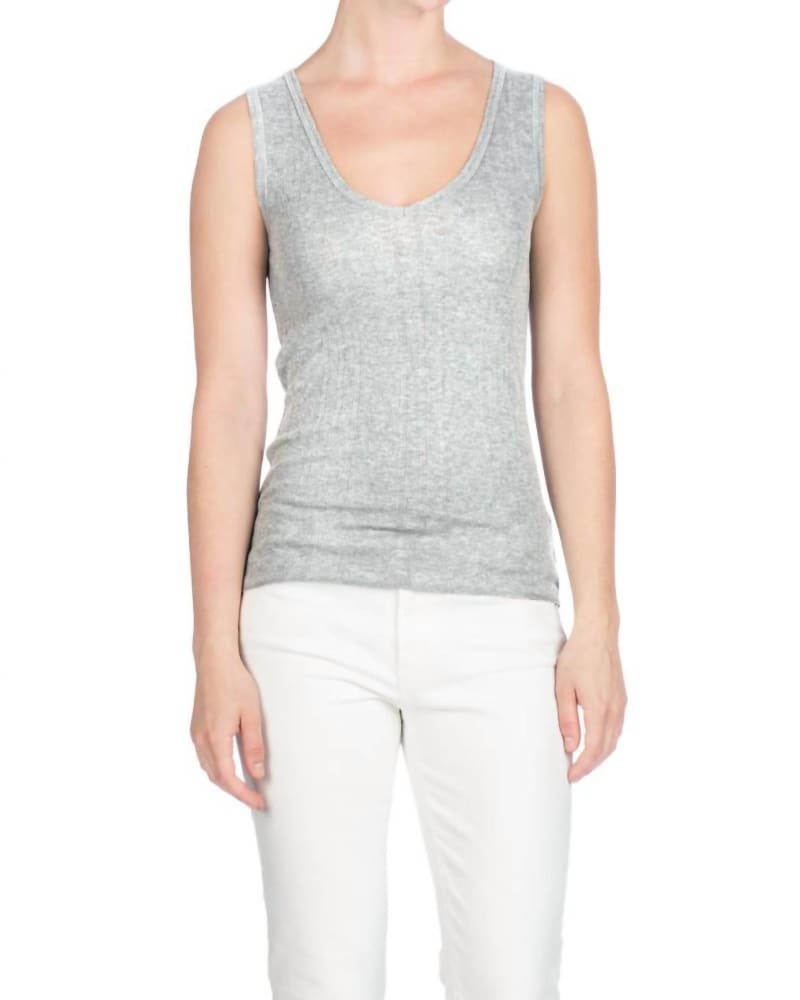 Front of a model wearing a size L V-Neck Tank Top in Heather Grey in Heather Grey by Lilla P. | dia_product_style_image_id:364153